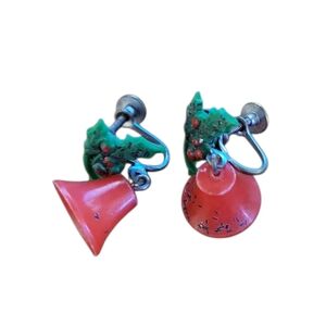 Vintage Red Bell Clip On Earrings with Green Holly
